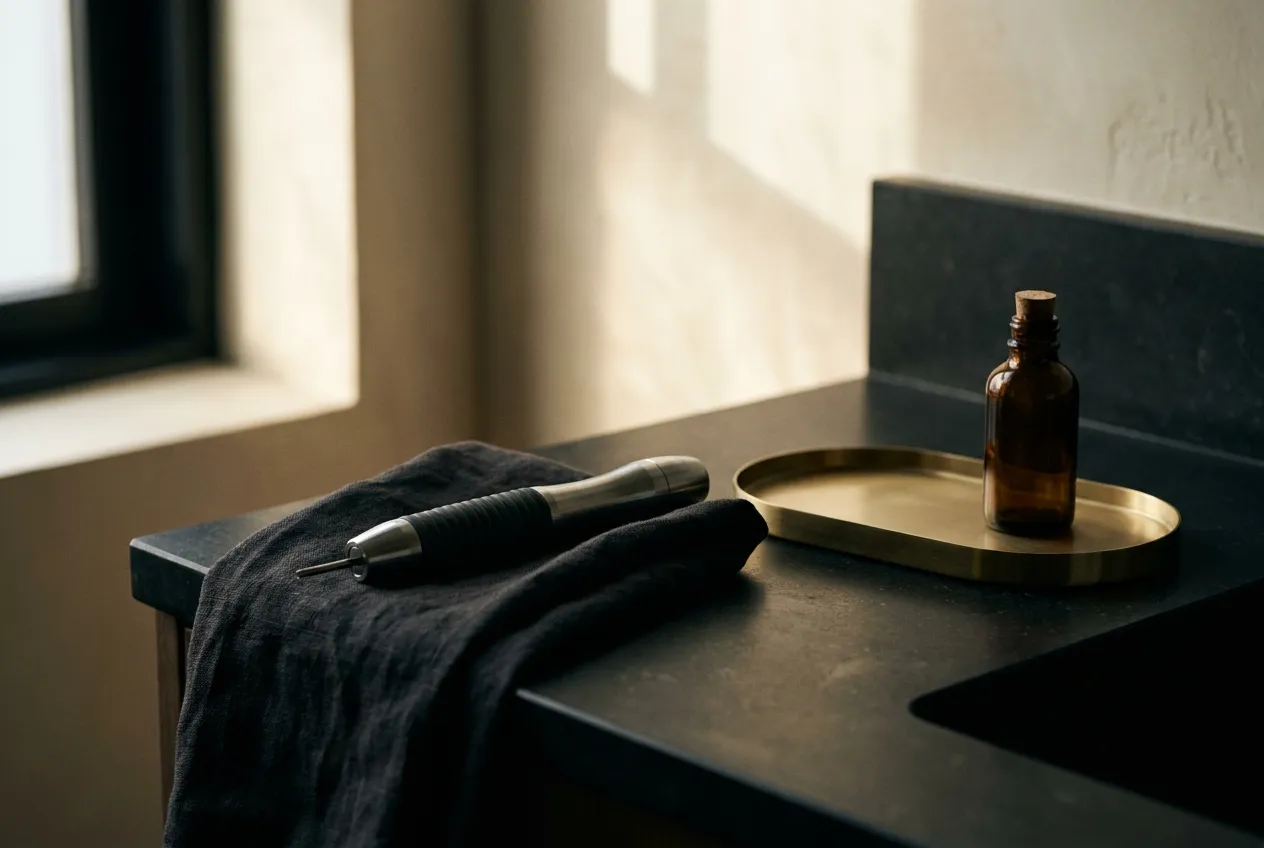 Pieza de mano de láser médico sobre lino oscuro en una cabina de tratamiento para hombres