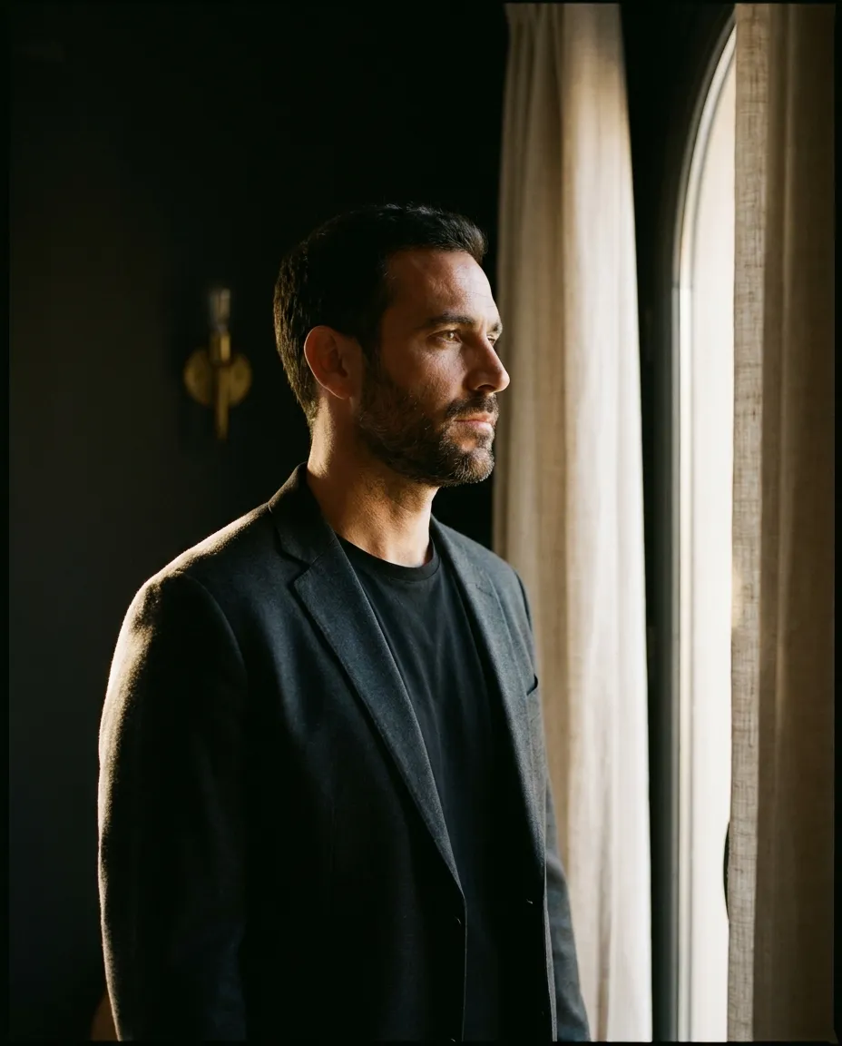 Hombre de unos cuarenta años con barba corta cuidada, en tres cuartos y con luz lateral cálida sobre fondo oscuro