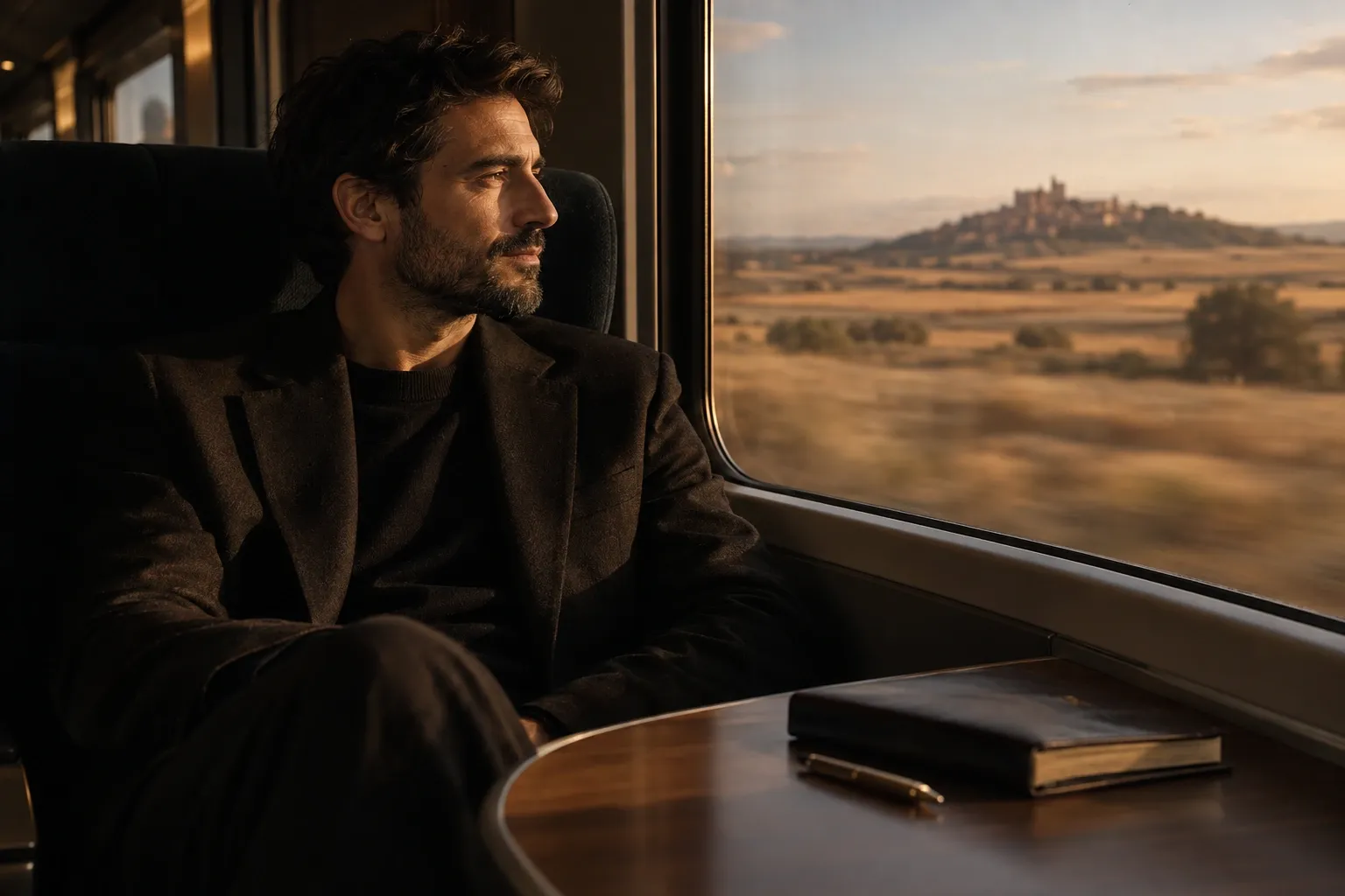 Hombre en un tren cruzando los campos de Castilla, con un cuaderno de piel y una pluma sobre la mesa