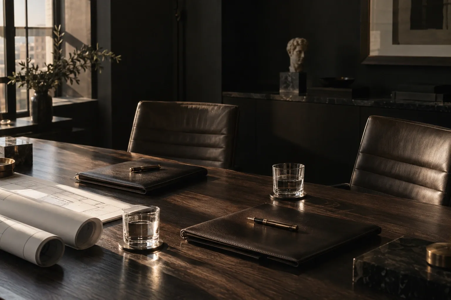 Mesa de reuniones de nogal con carpetas de piel y planos enrollados para abrir una franquicia de clínica