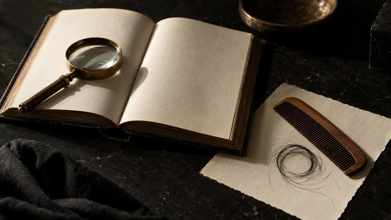 Libro abierto con una lupa de latón, un peine de madera y cabellos sobre papel: glosario capilar