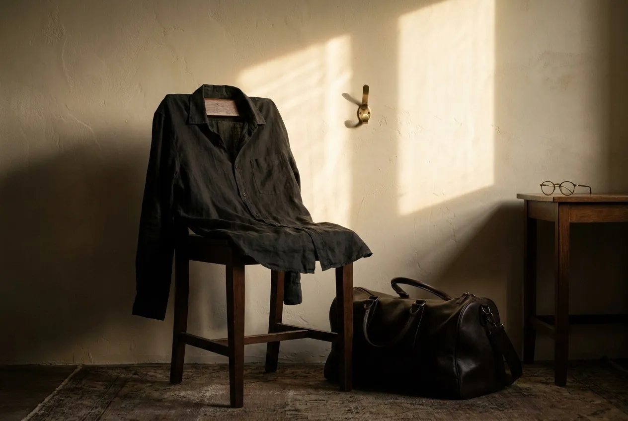 Camisa de lino oscura sobre una silla de madera junto a una bolsa de cuero, con luz cálida: tratamiento de grasa abdominal