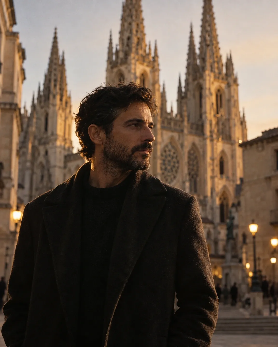 Hombre con abrigo en la plaza de la catedral de Burgos al atardecer