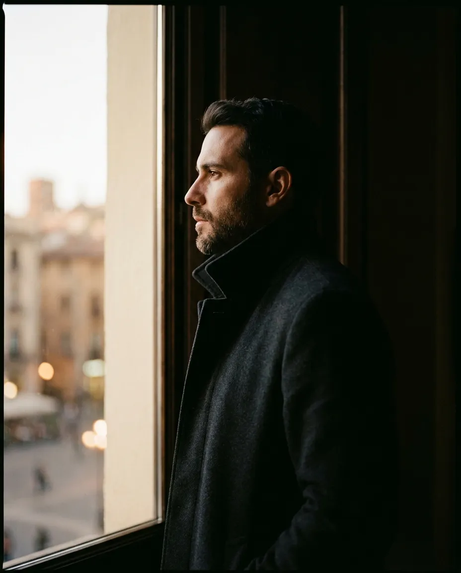 Hombre con abrigo de lana mirando una ciudad histórica de Castilla y León al atardecer desde una ventana