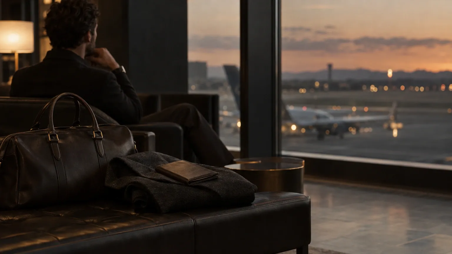 Hombre con su bolsa de viaje junto al ventanal de un aeropuerto al atardecer, antes de decidir dónde operarse