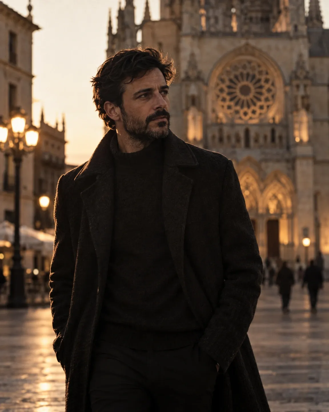 Hombre con abrigo en la plaza de Regla de León, con la catedral iluminada al fondo