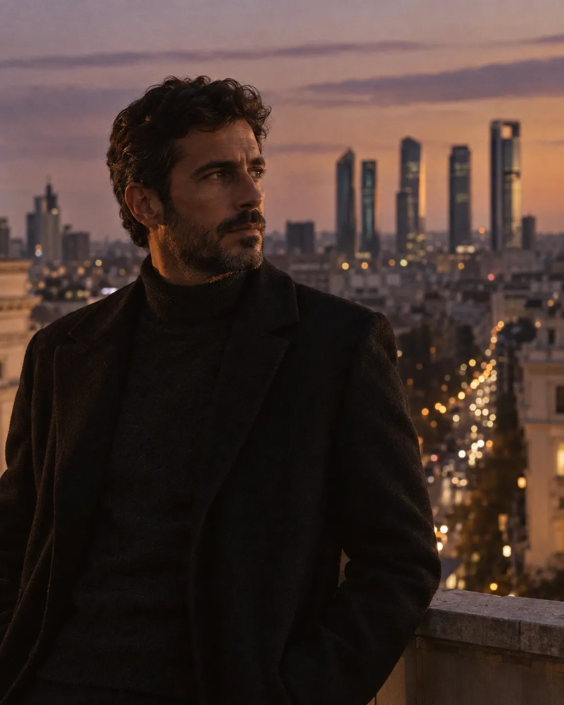 Hombre en el paseo de la Castellana, en el norte de Madrid, con las Cuatro Torres al anochecer