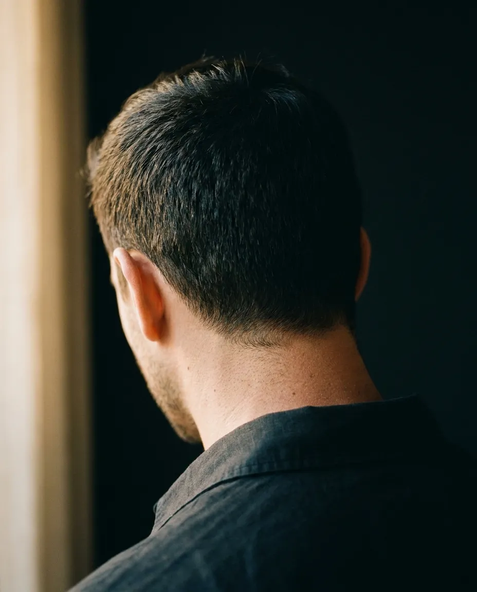 Nuca y coronilla de un hombre con pelo corto y denso bajo luz lateral, las zonas que se estudian antes de un injerto capilar