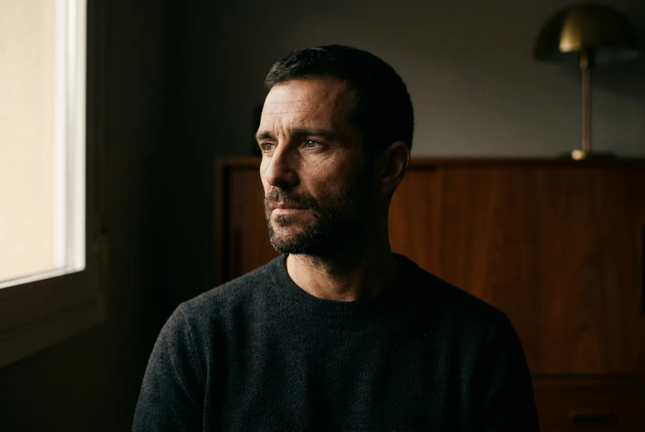 Retrato en tres cuartos de un hombre con pómulos y mandíbula marcados por la luz, rasgos que trabaja la masculinización