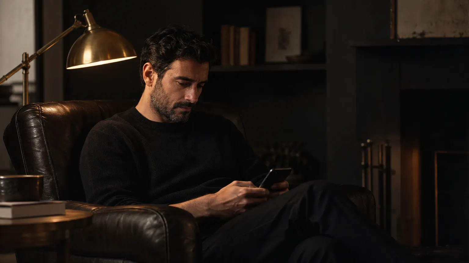 Hombre en casa con el móvil en las manos, haciendo el test capilar online antes de su valoración