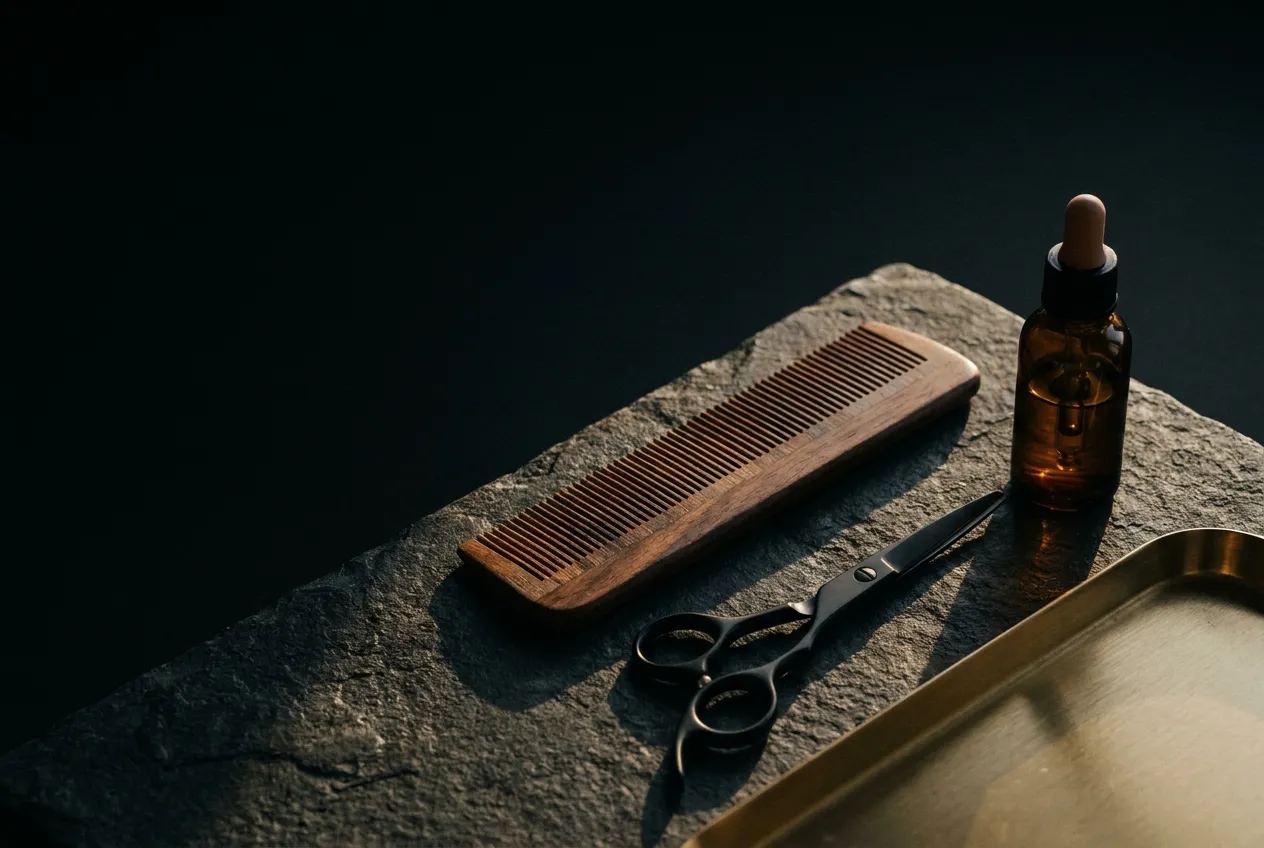Bodegón capilar sobre piedra oscura: peine de madera, tijeras de barbero y frasco de vidrio ámbar